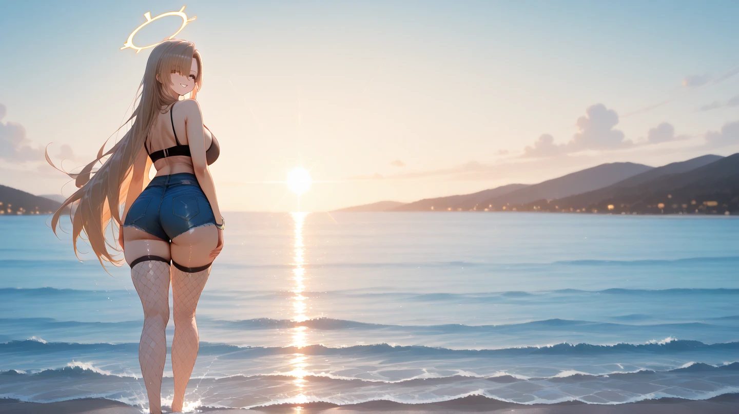 close-up from side, (30 years old adult-Hinata) walk next to lake, big ass, [enchanting, surreal, studio lighting, HDR, UHD, K]
