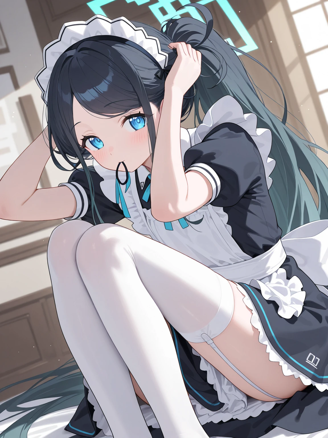 (short cute girl,small young student,young delicate girl),(masterpiece,Top quality),squat,,short sleeve,Long twin tails with black hair,sleepy