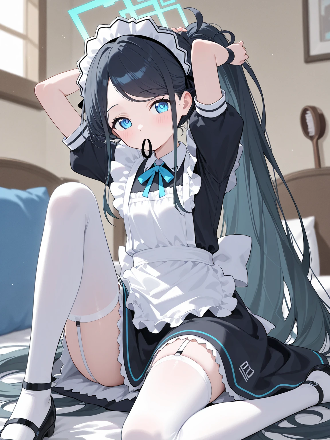 High quality, 8K quality, young 16-year-old girl spreads her legs on the bed, she is covered with a small towel, white hair, shows excited charms, which she spreads with her fingers, her face is depicted a little tired, shows a condom in her mouth