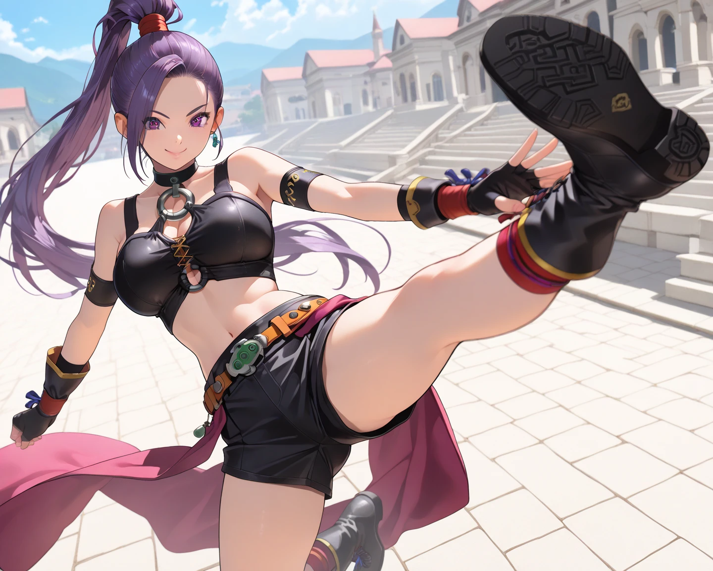 (i-balance-pose),best quality, absurdres, ((1girl)), beautiful legs, menat_holiday, light smile, dark skin, Green eyes, egyptian, bob cut, red dress, (black hood), black gloves,(shiny thighs),, tail, bell, bare shoulders,sexy thighs,close up,,((solo)),panty shot,evil smile,((stretching)),standing split,((leg up)),,from below