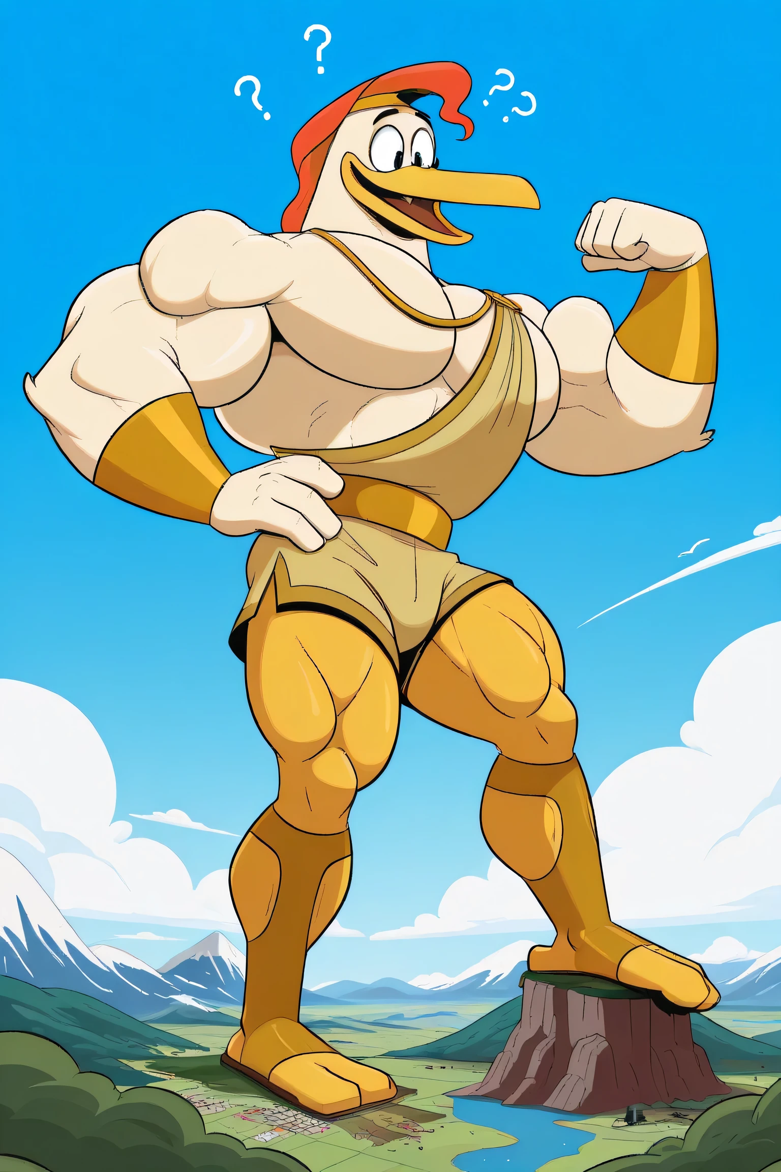 score_9, score_8_up, score_7_up, score_6_up, best quality, highres, source_furry BREAK ppp BREAK (outdoors, sky and clouds, detailed background:1.2), blue sky background, fairytale fantasy scene, jack and the beanstalk story,
1boy, male, solo, duck, beak, launchpad mcquack, white skin, muscular body, golden armor, golden bracelets, golden necklaces, ripped dark brown shorts, black eyes, confused expression, open beak with teeths, looking down, hand on hip, short hair, red hair, anthro, furry, shirtless, showing muscles, ginomous biceps, enormous pectorals, giant, macro size, 50 foot size, full body, yellow legs, blue sky background, going down to the large beanstalk, climbing down pose, sitting over the beanstalk.