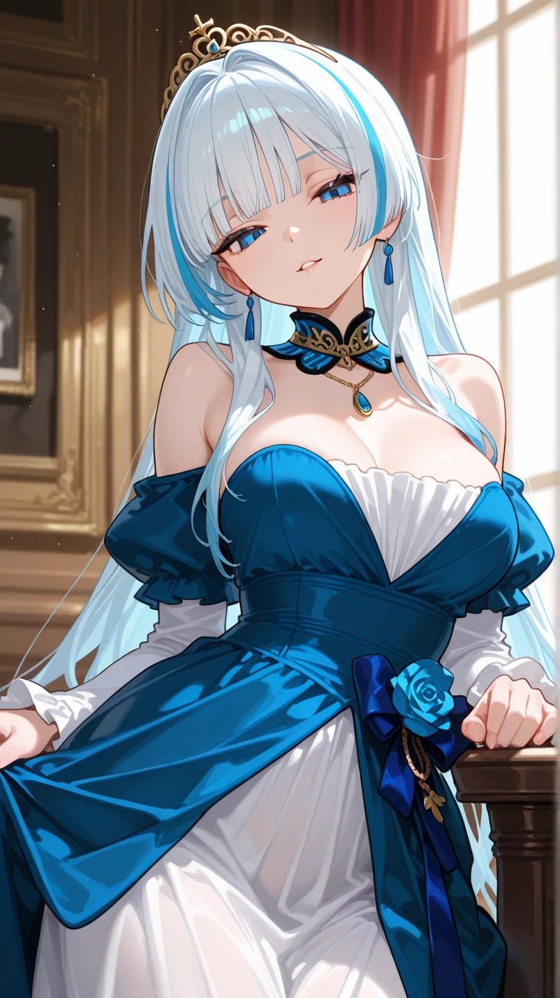 score_9, score_8_up, score_7_up, source_anime, masterpiece, absurdres, medium breasts, perfect face, 1girl, cute expression, amused, smiling, background: bedroom, alisa mikhailovna kujou,tokidoki bosotto roshia-go de dereru tonari no arya-san, long hair, blue eyes, hair between eyes, silver hair, hair ribbon, blue eyes, bare shoulders, white pantyhose, bowtie, rabbit ears, blue leotard:1.3, wrist cuffs, strapless, detached collar, fake animal ears, playboy bunny, black bowtie