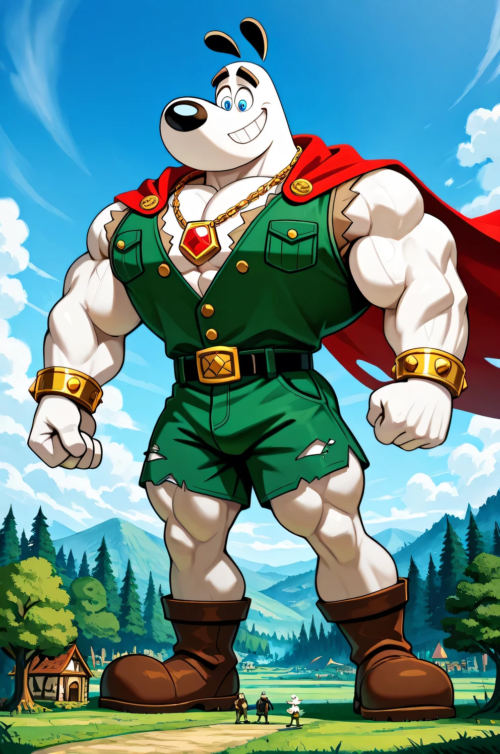 A Giant muscular dudley puppy (T.U.F.F Puppy), white dog, cartoon 2d style, giant, macro size, full body, muscular body, village and forest background, Masterpiece, best quality, high quality, detailed, Dudley Puppy, male, solo male, 1boy, broad shoulders, mature male, blue eyes, athletic build, muscular male, black ears, black eyebrows, animal ears, white body, big eyebrows, ripped dark brown shirt, ripped dark green vest, round snout, full body, ripped green shorts, black belt with gold jewels and keys, golden necklace with a red jewel, bigger golden bracelets with jewels, wearing a very long red cape, big feets, ripped brown boots, outdoors, looking down, smiling, macro size, 50 foot size, giant, cuffs on his waist pose, blue sky background, beanstalk plant in the clouds, village and forest background, fairytale fantasy scene.
