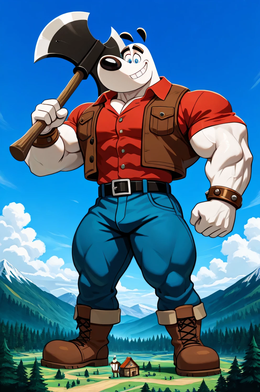 Giant muscular lumberjack paul bunyan dudley puppy (T.U.F.F Puppy), white dog, cartoon 2d style, giant, macro size, full body, muscular body, village and forest background, Masterpiece, best quality, high quality, detailed, Dudley Puppy, male, solo male, 1boy, broad shoulders, mature male, blue eyes, athletic build, muscular male, black ears, black eyebrows, animal ears, white body, big eyebrows, red shirt, brown vest, round snout, full body, blue pants, black belt, brown bracelets, big feets, big brown boots, outdoors, looking down, smiling, macro size, giant, blue sky background, holding a big large axe village and forest background, mountains behind, fairytale fantasy scene, saturaded colors, 50 foot size, giant lumberjack dog.