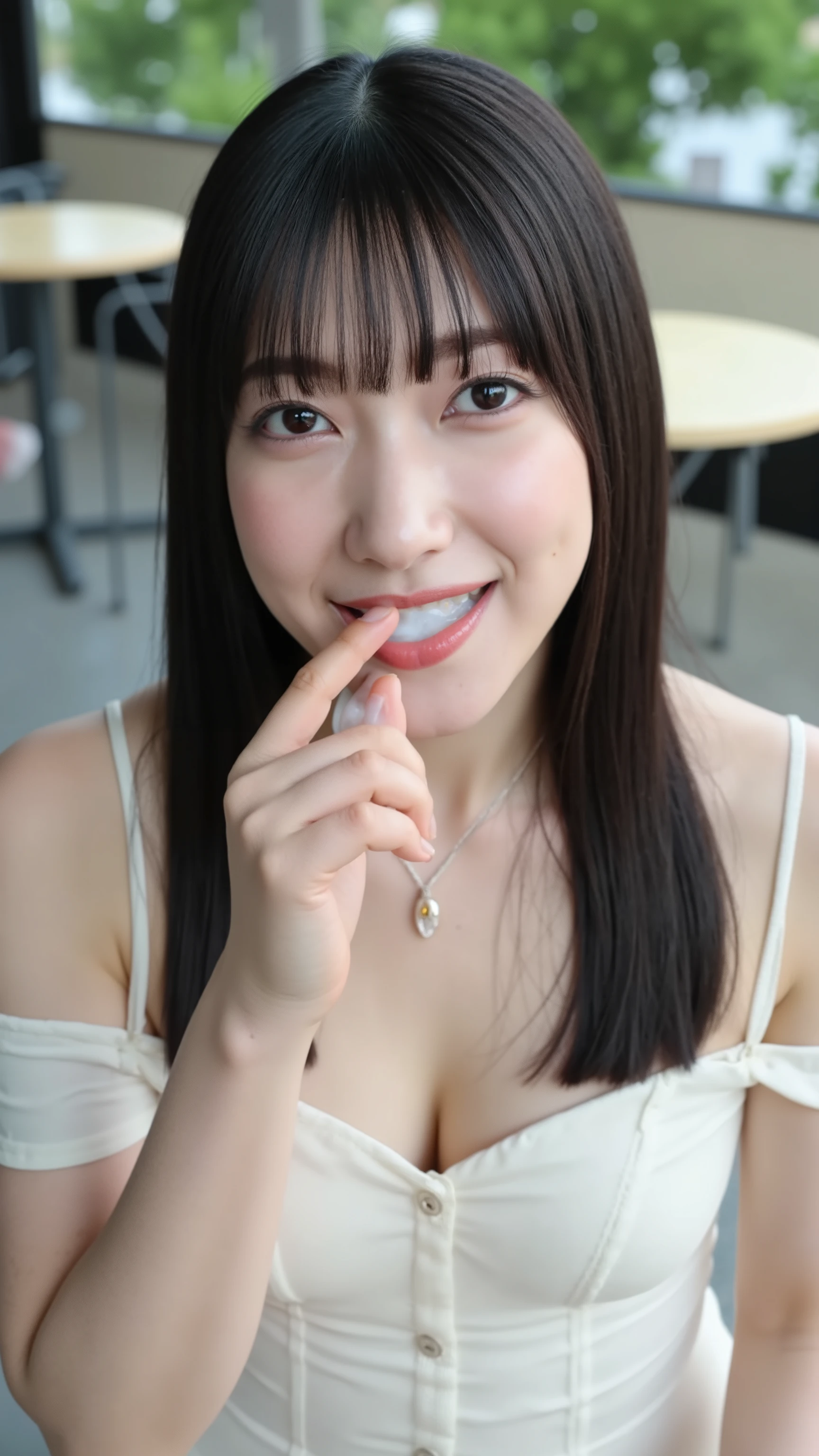 A high resolution photograph of a Japanese mature woman, photo-realistic, masterpiece, amazing quality, intricate details, natural lighting, fashion shoot, solo, 1girl, an elegant lady, (off-shoulder dress:1.2), upper body, straight long black hair with blunt bangs, flawless porcelain-white skin, skin details, detailed face, detailed eyes, sophisticated nose, joyful expression on her face, necklace, jewelry, (downblouse, fingers brushing her lips), (white cum in mouth, open mouth:1.4), looking at the camera, perfect hand, detailed hands, detailed fingers, outdoors, open cafe, terrace seats, sitting on the stool,
