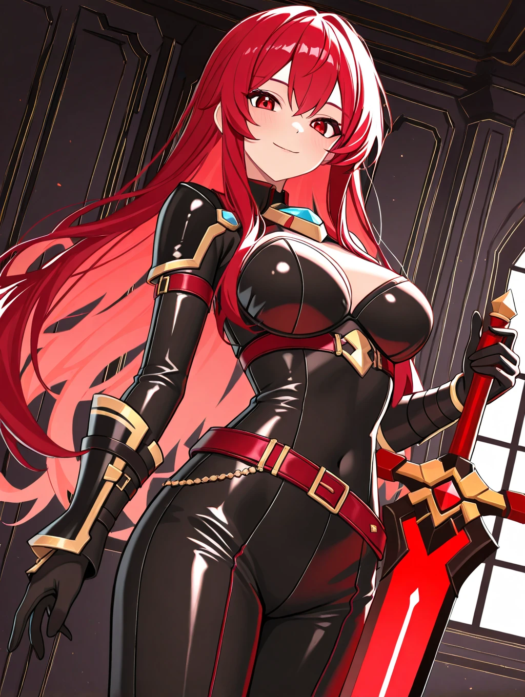 (best quality,highres), female, evil smile, red hair, red eyes, holding a menacing scythe, standing under a beautiful sunset. Blood on her face, Blood splatter on the face, red armored leotard, cleavage