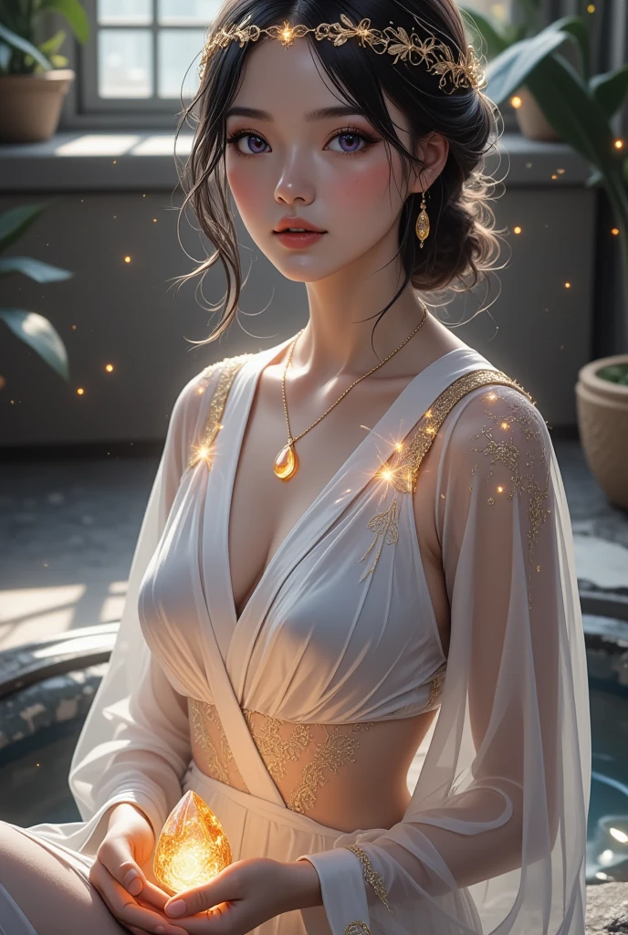 (Top quality, best, 8K, Huang Li, beautiful girl, (cowboy shot: 1.2), (nude: 1.5), (Japanese goddess), wearing a translucent white kimono, beautiful lake in the mountains, clear and clean water, acrylic paint, ((color splashes, ink splashes, color splashes)), photorealistic, real, photo, masterpiece, top quality, highly detailed, moon, blooming flowers, water, dice, big breasts, Japanese goddess, ((wet and shiny skin)), (realistic perfect body), realistic gravure idol, too realistic picture, beautiful and detailed body and face, bright face, dynamic light, real skin, exquisite face,),