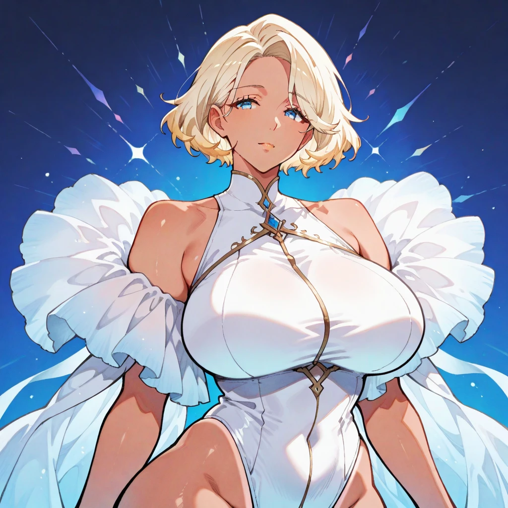 1girl, bodysuit, white bodysuit, cape, mask, blonde hair, very short hair, smile, huge breasts, thick thighs, pantyhose, mature female, toned,