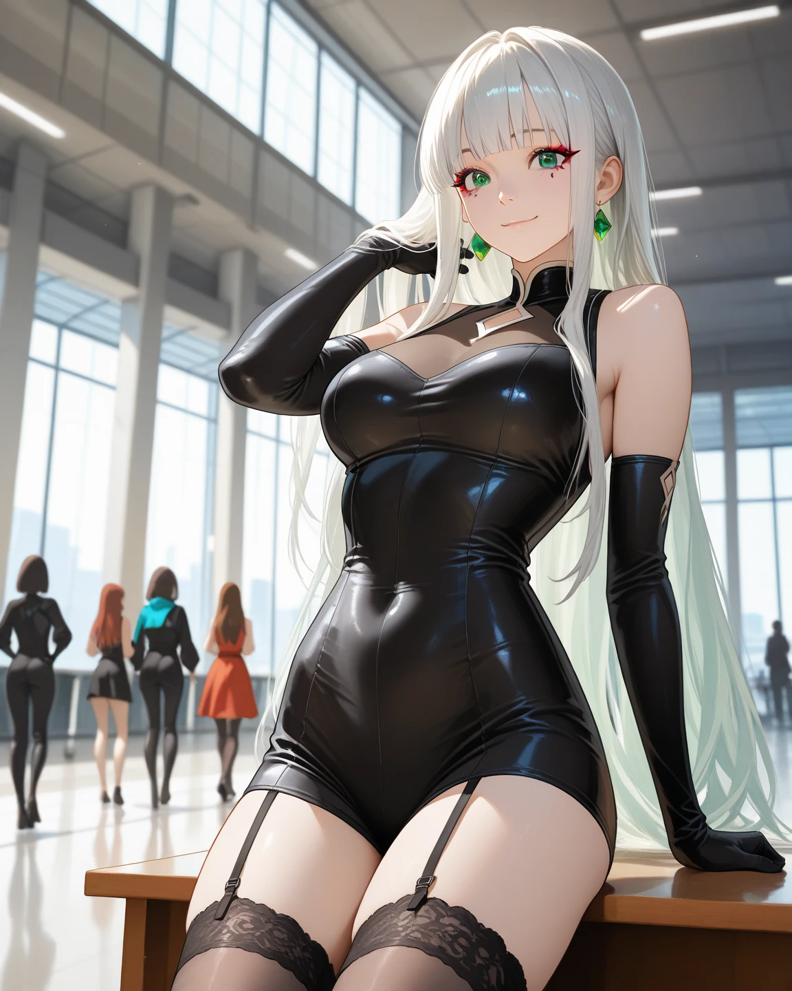 gray hair, red eyes, girl, alone, solo, 1girl, black dress