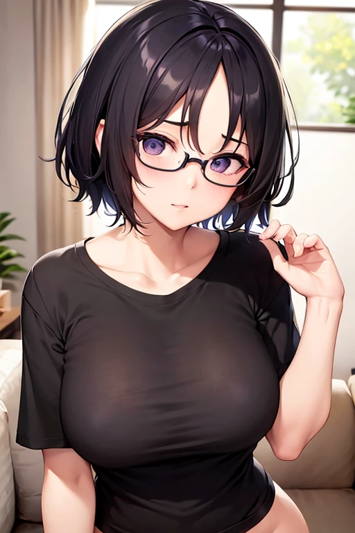 Areola,naked,nude,topless,Arms crossed,Black Hair,Black-rimmed glasses,Japanese,Square Glasses,Operate a computer with a flow chart displayed,girl,Nipples,上半身naked,Areola,Armpit,Small breasts,Beige chinos,No clothes,Bobcut,Gold Necklace,Leather Belt,Left hand watch,clavicle,Areola