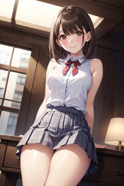((masutepiece, Best Quality, hight resolution, nffsw, Perfect Pixel, 4K, nffsw, nffsw))), 1girl in, Single, Solo, Beautie、full body seen、 ((Middle Wave Hair, Bangs, Brown hair)), ((Brown-eyed, Beautiful eyelashes, Realistic eyes)), ((Detailed face, Blushing:1.2)), ((Smooth texture:0.75, Realistic texture:0.65, Photorealistic:1.1, Anime CG style)), medium breasts, Dynamic Angle, Perfect body, ((red bowtie, School uniform,, White shirt, Black skirt, plaid skirts、I'm not wearing shoes、White Sox)), Classrooms without people、Sit on a desk、Lower&#39;I took my foot off the desk..............、early evening、、((Angle looking up from below))、Very embarrassing panic smile、(Lift the skirt with your right hand、Open both legs、Light pink floral lace panties)