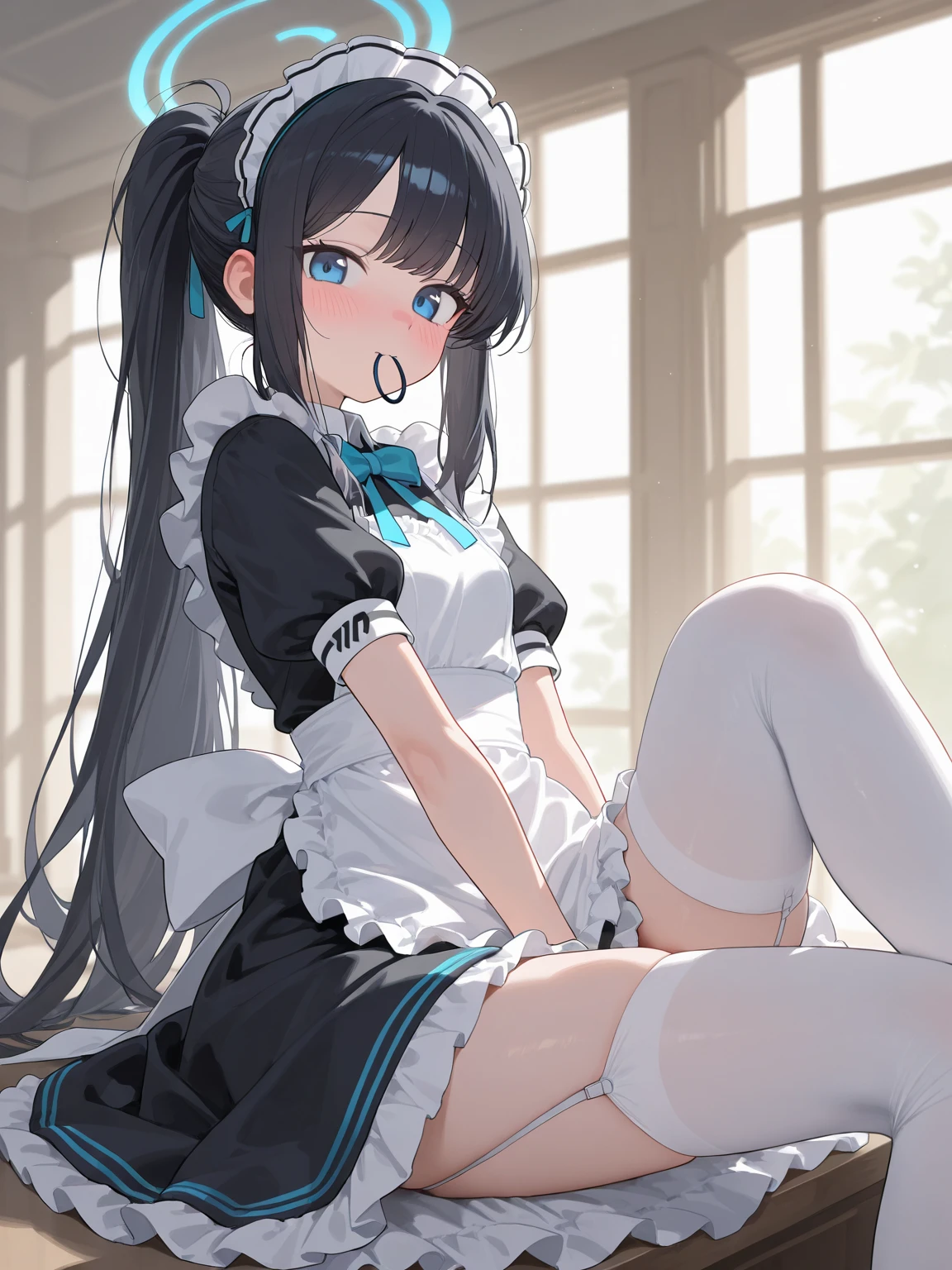 Long black hair , Wearing a maid outfit, Kneel, Feet and five fingers, More meat, Cute 2D, background backlightHD  