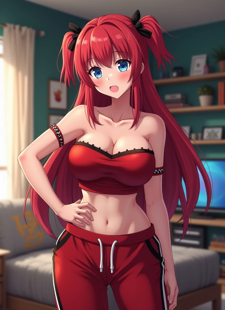 highest quality、Nice sexy body、One Woman、(solo)、((Beautiful busty woman:1.6))、(Woman with dark red hair:1.3)、Long hair woman、((Woman wearing a red bra top))、(A woman wearing red shorts:1.5)