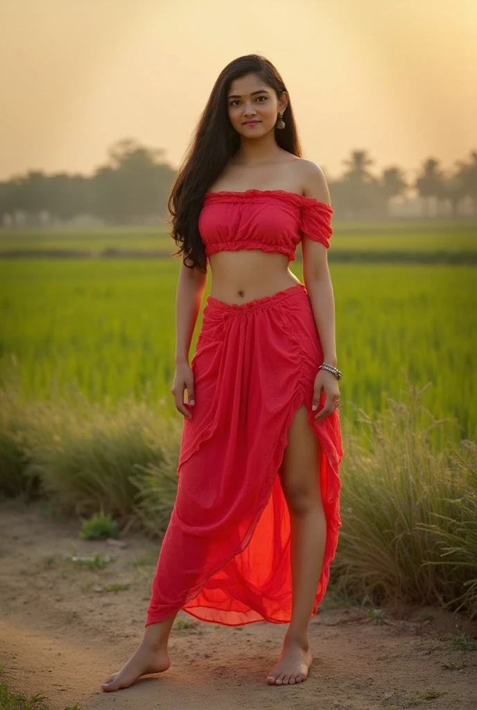 Indian Hot girl red clothes with green background and sky