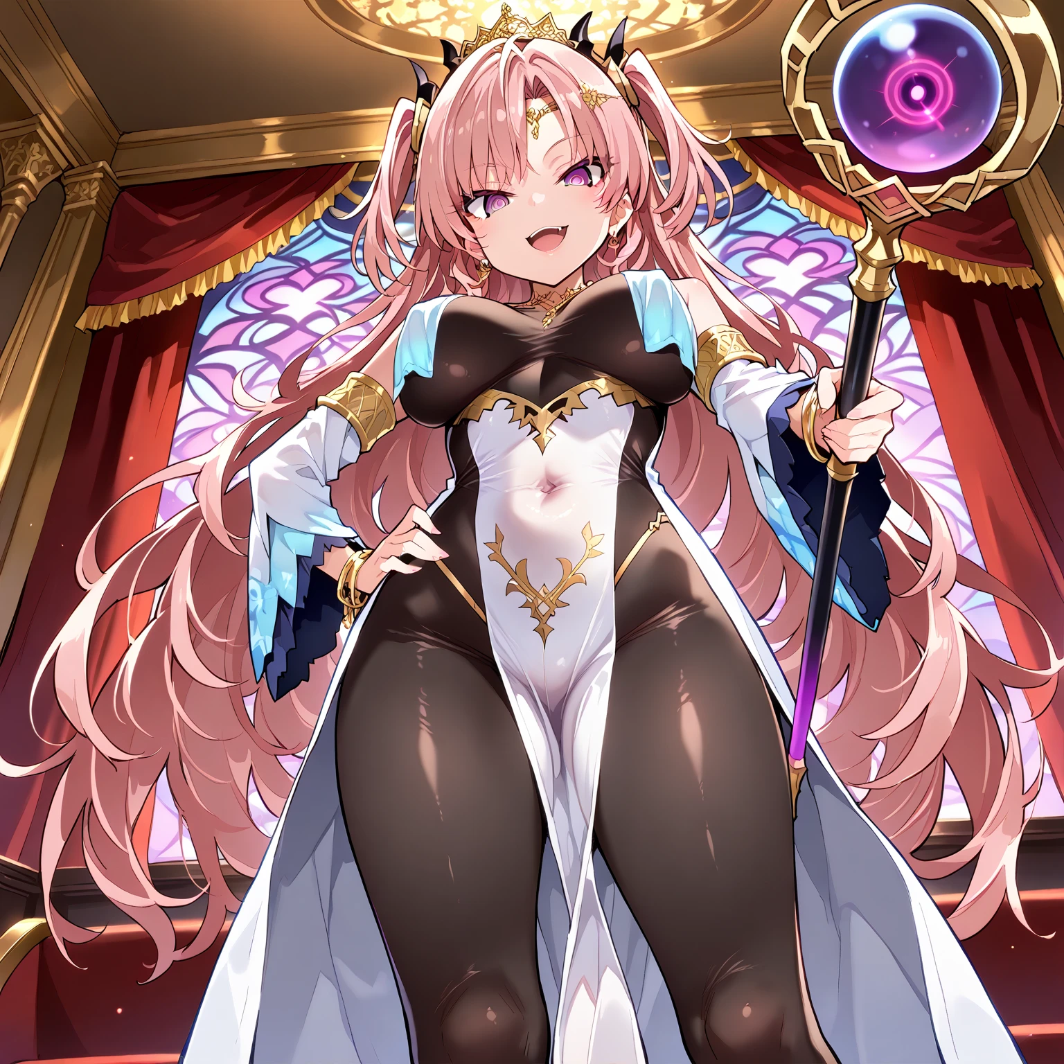 Woman, messy light brown long hair with a purple tint, dragon horns and tail, white and black Chinese dress with tight-fitting elements on her arms and legs, gold divine light, God's gaze, a sun circle, indifferent and cold gaze, light lipstick, light eyes