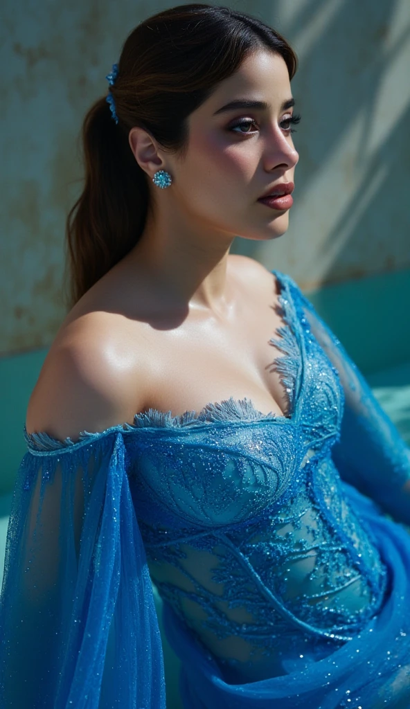 Ariel from The Little Mermaid is reimagined in a 1920s-inspired gown that combines her oceanic charm with the vintage elegance of the Roaring Twenties. The bodice of the dress is made from luxurious turquoise satin, reflecting the vibrant hues of the sea. The high neckline is adorned with intricate beadwork and sequins in shades of aqua and sea green, mimicking the shimmering scales of a mermaid’s tail.
The bodice features off-the-shoulder sleeves crafted from sheer turquoise chiffon. These sleeves flutter gracefully, adding a light and ethereal quality to the gown. The waist is cinched with a delicate turquoise satin ribbon, which flows into the skirt and enhances Ariel’s graceful silhouette.
The skirt is a full, floor-length creation made from layers of soft turquoise tulle. Each layer of tulle is lightly embellished with subtle, iridescent embroidery that adds a magical, underwater effect. The skirt’s layers move elegantly, creating a dreamy, fluid motion reminiscent of underwater currents.
Ariel’s look is completed with a matching turquoise satin headband, adorned with a small, sparkling shell charm that reflects her oceanic origins. The ensemble is finished with silver satin ballet flats, featuring delicate embellishments that provide both comfort and sophistication, perfect for a royal ball or evening event.
This 1920s-inspired gown combines Ariel’s sea-inspired charm with the glamorous style of the Roaring Twenties, creating a timeless and enchanting look that captures the essence of both worlds.