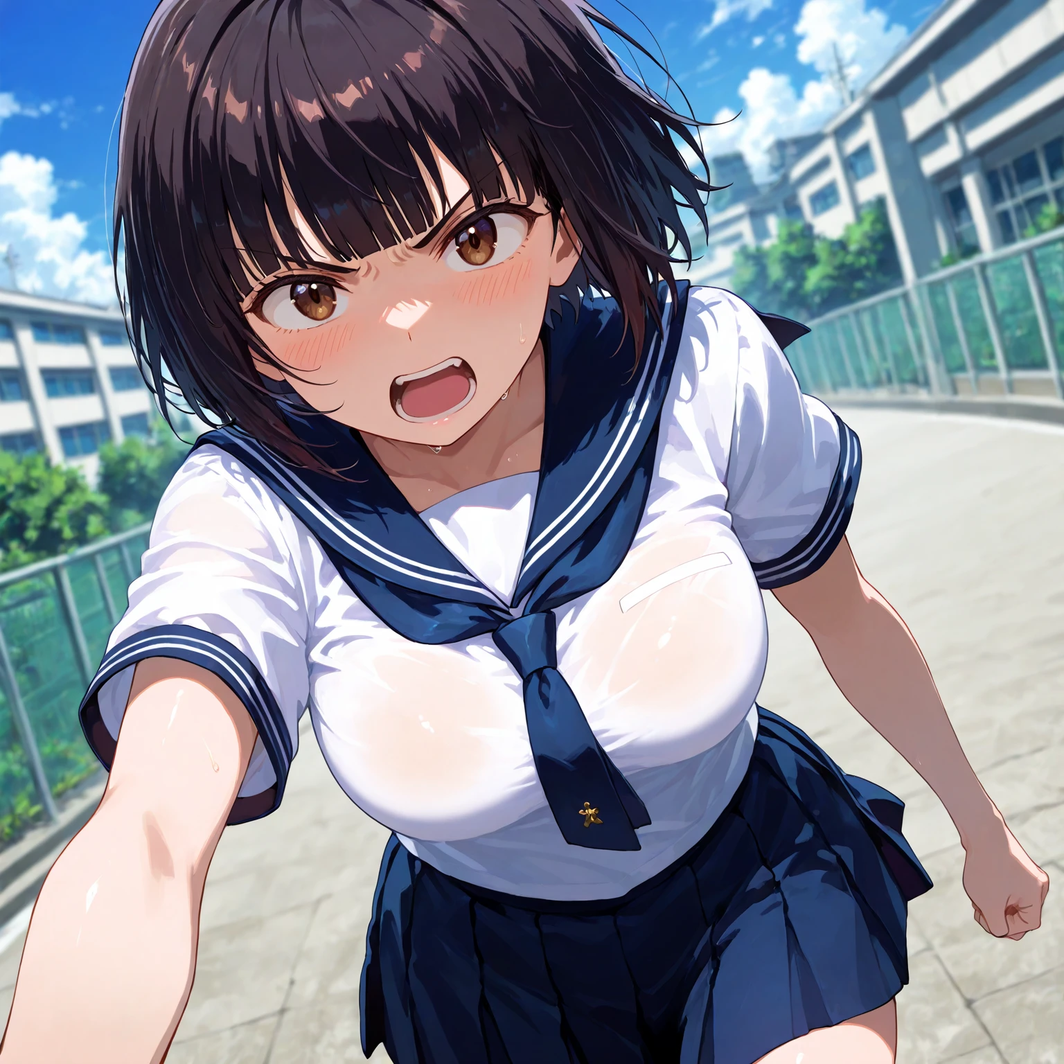 masterpiece, Highest quality, Nico_Yazawa,High resolution, 1 Girl, alone, Brown Hair, short hair, Twin tails、Purple eyes, , , (Cleavage)、(Beautiful thighs), Carrying a red backpack, (randoseru backpack:1.2) Sweaty、Thick thighs、Highest quality、4K、1girl, 8years old, loli, cute, grin, 、、at the park、、Thick thighs、Men holding their penises and surrounding girls、Semen from the penis、Bukkake、Bukkake、(Bukkake)projectile cum、Blowjob、Lots of spectators、Ahegao、low length、White leotard、erection of nipple、Open your mouth and stick out your tongue