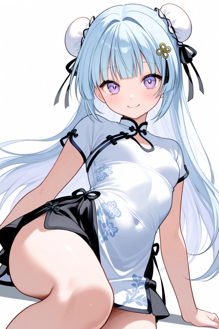 blue hair, ponytail hair, long hair, girl, beautiful girl, cute, sexy, white clothes short, hot, black sock short, black gloves, thighs, white panties, eyes, light blue eyes, flower around, 4K, ((masterpiece)), ((best quality)), plain black background