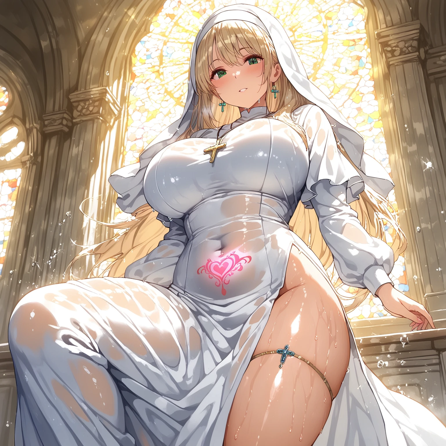 ((nun:1.2)),(((girl and 1littleboy:1.1))),(thick thighs:1.2),(huge breasts:1.2),(((alternate breast size,Stroking the panty:1.1))),((White hair,red eyes)),((gold and White shirt:1.2,skirt,lace,robe)), (latex clothes:1.1),(in church),(orgasm:1.3),(ecstasy:1.3) ,(fucked silly:1.2),(wet:1.2),(trembling:1.2),(tears:1.1),((nsfw:1.3,milf:1.2)),Masterpiece, Top Quality, Highly Detailed, Dynamic Angle, ((Perfect Hands)), Detailed Glossy Skin, Slender hair, fine eyes), (amazing backgrounds, meaningful backgrounds, absurd backgrounds), artistic overlays,The style is surrealism, cinematic lighting,(looking away:0.9),(Fluttering clothes:1.3),(lace panty:1.5),open leg:0.9,(Covering her chest:1.2),