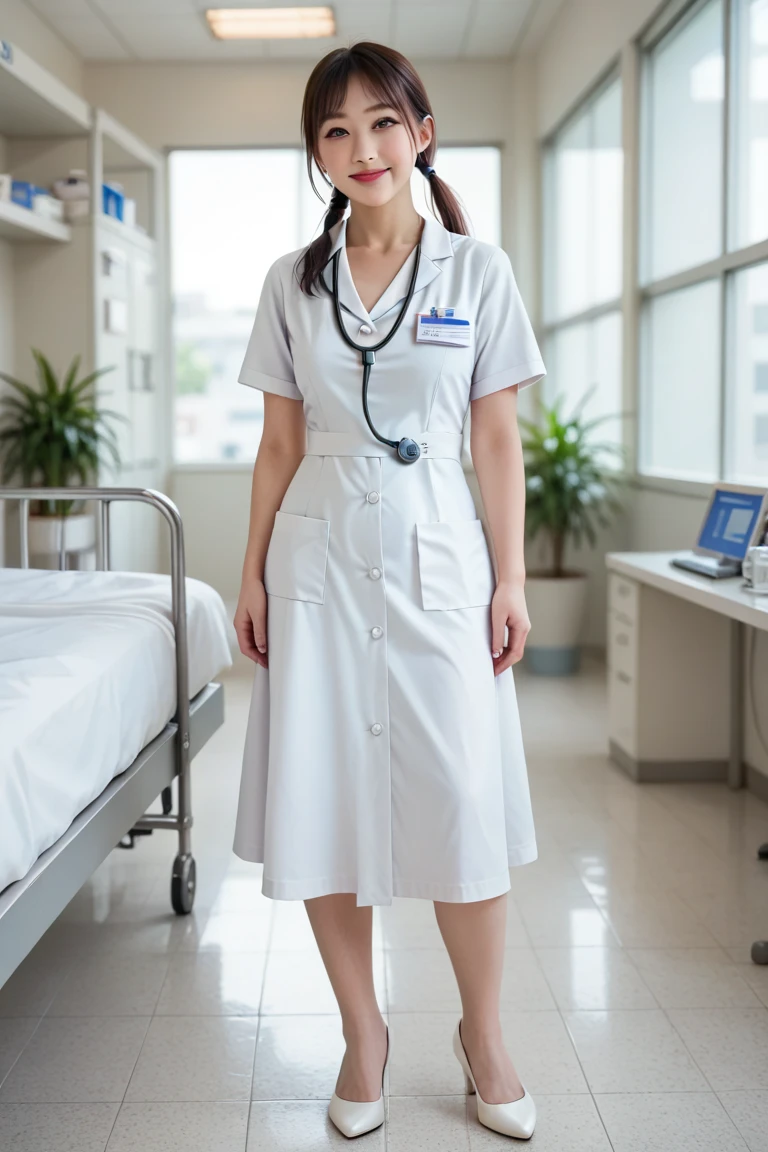 (best quality, 8k, masterpiece), (26-year-old nurse:1.3), brown hair, ponytail, (scrubs:1.3), (hospital ward:1.2), (standing beside patient bed:1.3), caring expression, (natural light:1.1)
