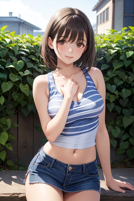 nfsw、

masterpiece, highest quality, 

alone, cowboy shot,, No bra ,(Chibi:1.2), curved body, ((black halter neck shirt、break denim micro mini skirt)), belly button,Honey smile  , outdoor, Are standing