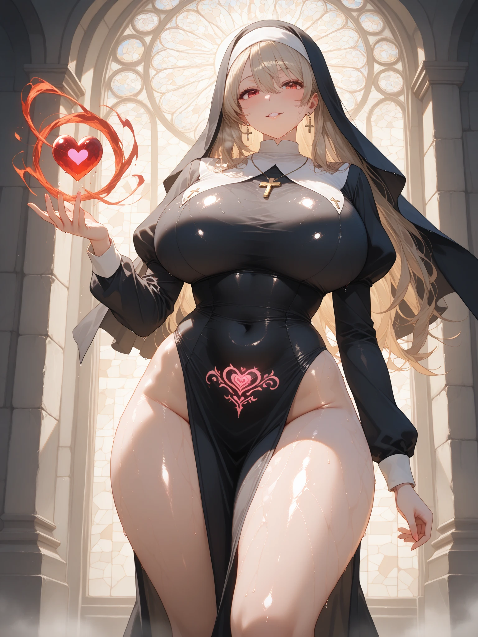1girl, hands on hips, succubus, sheep horn, sexy smile, standing, black womb tattoo, cameltoe, perfect face, fishnet stockings, gorgeous woman, nude, beautiful, perfect eyes, gentle eyes, white hair, long hair, parted bangs, blue eyes, big , very large breasts, black thong, microbikini, evil church, dark church, fire, masterpiece quality, ultra HD, 4K, best quality