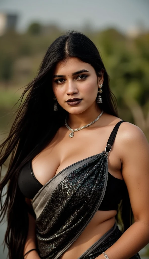 Portrait of A shy-looking Indian woman with long braided hair, black eyes, with flowing capes, d-cup breast, sitting in the park, wearing silk saree, with focus on breast, perfect composition, hyperrealistic, super detailed, 8k, high quality, trending art, trending on artstation, sharp focus, studio photo, intricate details, highly detailed, art by greg rutkowski