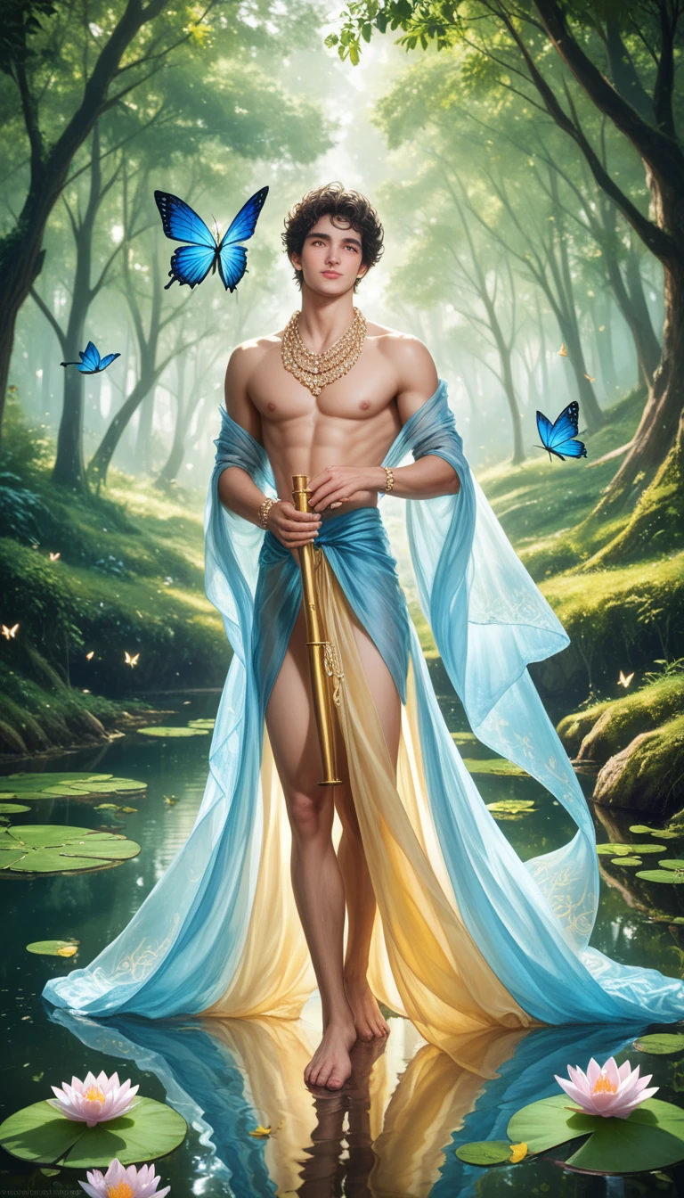full lenght hiper 4k Imagine it's a movie poster. In the Night Wind, full length, handsome young man, 25 years old, long black hair tied halfway down, wearing a white and gold loincloth. He bends down and picks up a jasmine flower in his hand that's on a rock. The fragrance of the flower, of the waterfall and the mountain, the shimmering light. Three-dimensional image, oil painting, sharp image. Art image of Ajarn Chalermchai.