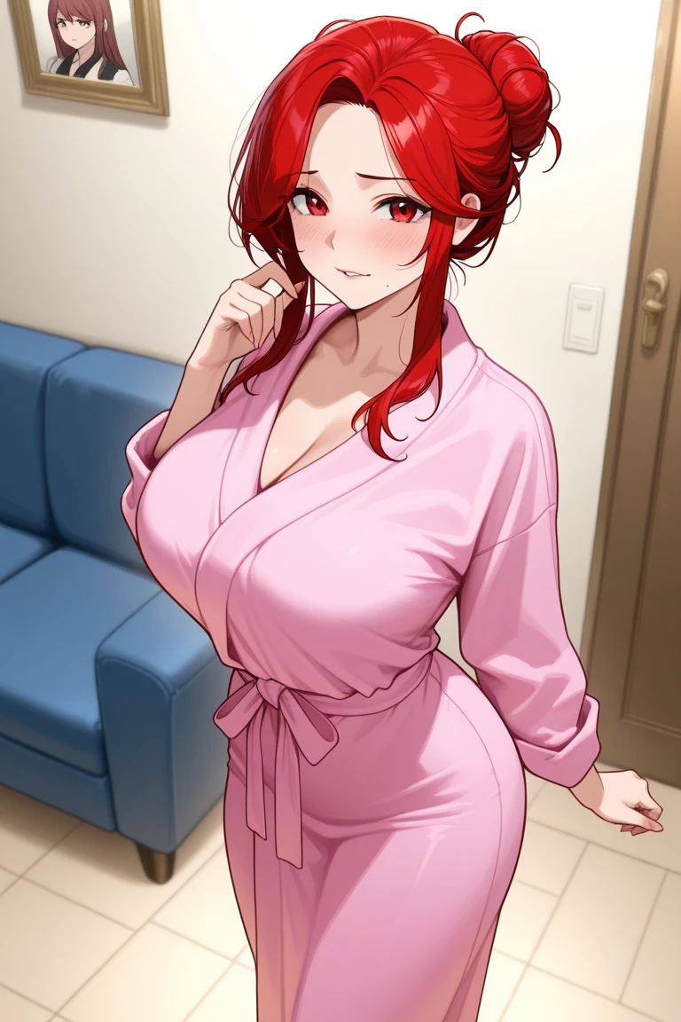 best quality, glossy, 4k, ((artwork)), extremely detailed, 8k, beautiful, MILF, hot woman, short red hair, pink pajamas bathrobe, full lips, red iris, smile, thin waist, hotel room, slim body, SFW