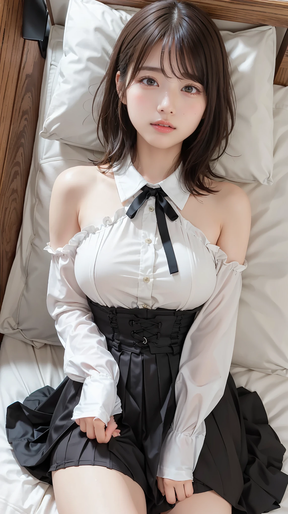 masterpiece, best quality, illustration, Super Detail, fine details, high definition, 8k,wallpaper, perfect dynamic composition,(Detailed and high quality, eyes:1.3), girl lying in bed, short hair, (Wave Hair:1.2), high school classroom、high school girl uniform、super mini check uniform skirt that boldly stretches both legs、Colossal 、Disturbed Uniforms, Big Breasts, black hair, big natural colored lips, Bold Sexy Poses, I'm crying a little、Harajuku style、20 year old girl、cute type、ta、hotel room, sexy shot from the front of the shot, Makeup, (lies on her back, sleeps in bed), ((aerial shot)),((lie on your back, angle looking down 上記)),((looking up at the audience))