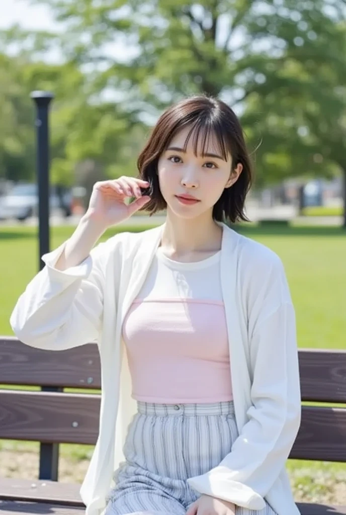 Best image quality、Highest quality、masterpiece、Ultra-high resolution、、immature、Realistic:1.4、Professional Lighting、Cute school girl、Baby Face、Very short hair、thin、Moderate size chest cup bust、Large erect nipples、smile、(Wearing a stylish patterned blouse.、No sleeve、I can see her cleavage:1.4)、Wearing denim pants、standing on the street in front of the station、Many passers-by in the background、Crowded、Tabletop
