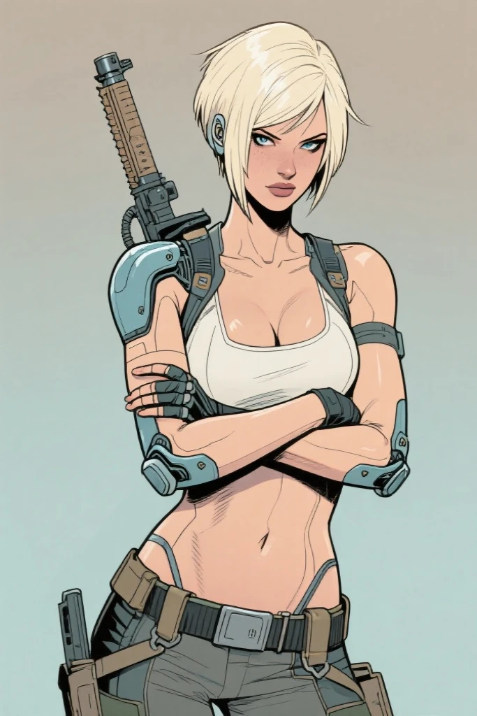 score_9, score_8_up, score_7_up,score_9, score_8_up, lilac makeup,short brown hair with white bangs, 1 woman, cyberpunk clothes, rogue from x-men evolution, green eyes, detailed face, detailed eyes, robotic left arm, sitting on a throne inside an abandoned futuristic fortress, looking at the screen, lilac lips, lilac eye shadow, ((robotic left arm)), ((nude)), naked, big breasts