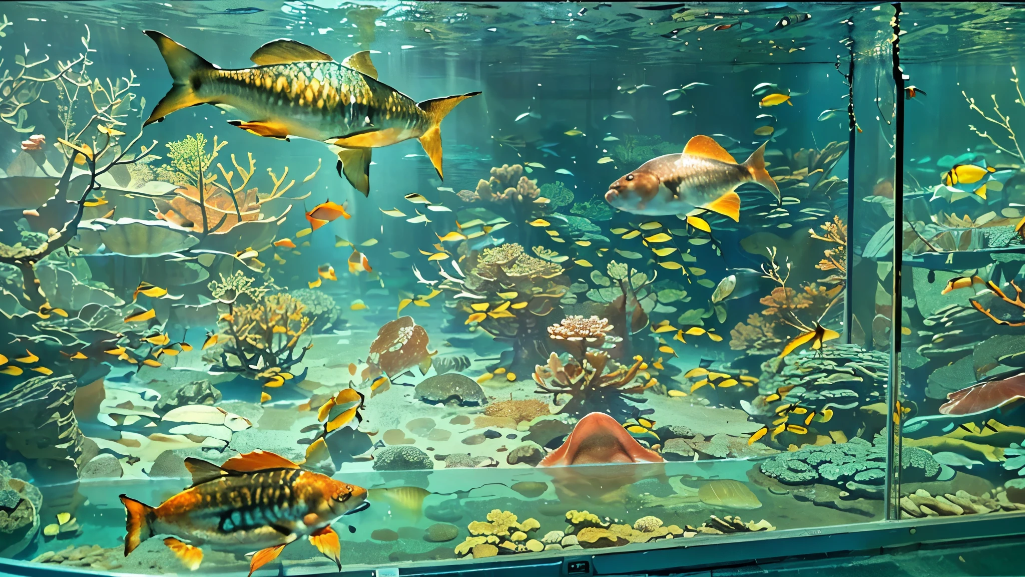 huge, Dim Illuminated, futuristic aquarium, When the light is dancing in the water , (私はhuge水槽の中で泳ぐ多くの魅力的な群れの魚を見ている:1.5) . soft blue surface , (Majestic rays , hugeマンボウ, 、A big colorful tropical fish is swimming in the tank:1.5),(shrimp, Crab, Starfish, Anemone, sea urchins are crawling at the bottom of the tank:1.5), (大量の熱帯魚がhuge多層水槽の中で密集して泳いでいる:1.5),watching the gentle beauty of the water、creates a calm atmosphere , world . background 、towering fish tank full of coral reefs seaweed, A group of bright tropical fish.future super giant fish tank,(colorful creatures I've never seen before are swimming:1.5),Super giant aquarium,(A 100m tank that is enough to look up:1.5),(the back of a girl looking up at the tank:1.5),(colorful fish creatures:1.5),