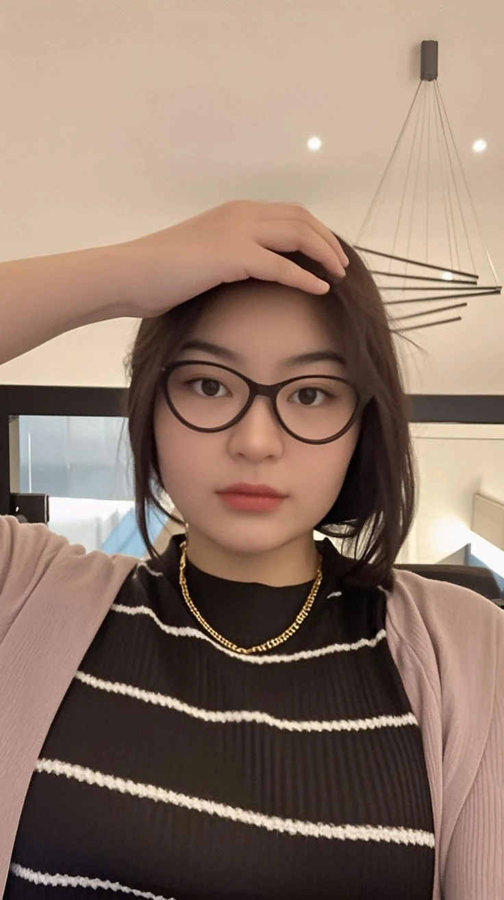 The woman sits at the table,Smoking and laptop, wearing thin large round glasses, wenfei ye, wearing small round glasses, Choi Hyun-hwa, xintong chen, She is seen wearing streetwear pieces, Gemma Chen, a girl with round glasses, jaeyeon nam, lulu chen, chengyou liu, wenjun lin, Yoshitomo Nara