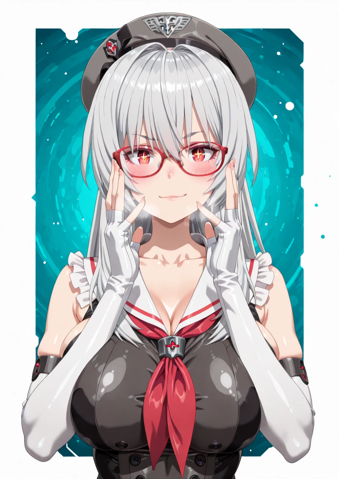 (artist_request-style:1.2), (zonda_(solid_air)-style:1.2), ((anatomical correct)), ((Cinematic, unreal engine, eye-catching, ambient occlusion, UHD, masterpiece)), ((perfect lighting, soft shadow)), perfect body, perfect eyes, perfect fingers, gasping, heavy breathing, gasping profusely, ((skindentation)), ((curvy)), RUBILIA, red eyes, long hair, ((silver hair)), hair intakes, hair between eyes, sidelocks, very long hair, jewelry, narrow waist, 1girl, solo, gloves, smirk, upper_body, glasses, fingerless_gloves, breasts, looking_at_viewer, hat, closed_mouth, neckerchief, collarbone, white_gloves, sleeveless, buttons, +_+, elbow_gloves, red_neckerchief, double-breasted, blue_background, red-framed_eyewear, beret, adjusting_eyewear, bespectacled, hands_up, frills, sailor_collar, fingernails, bare_shoulders, black_headwear, blush, grey_headwear