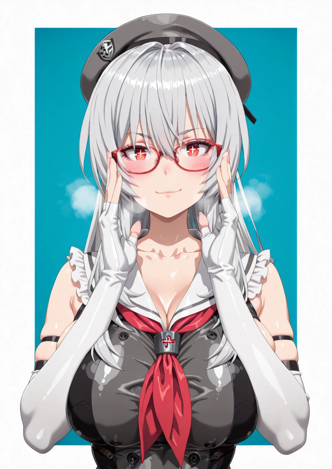 (artist_request-style:1.2), (zonda_(solid_air)-style:1.2), ((anatomical correct)), ((Cinematic, unreal engine, eye-catching, ambient occlusion, UHD, masterpiece)), ((perfect lighting, soft shadow)), perfect body, perfect eyes, perfect fingers, gasping, heavy breathing, gasping profusely, ((skindentation)), ((curvy)), RUBILIA, red eyes, long hair, ((silver hair)), hair intakes, hair between eyes, sidelocks, very long hair, jewelry, narrow waist, 1girl, solo, gloves, smirk, upper_body, glasses, fingerless_gloves, breasts, looking_at_viewer, hat, closed_mouth, neckerchief, collarbone, white_gloves, sleeveless, buttons, +_+, elbow_gloves, red_neckerchief, double-breasted, blue_background, red-framed_eyewear, beret, adjusting_eyewear, bespectacled, hands_up, frills, sailor_collar, fingernails, bare_shoulders, black_headwear, blush, grey_headwear
