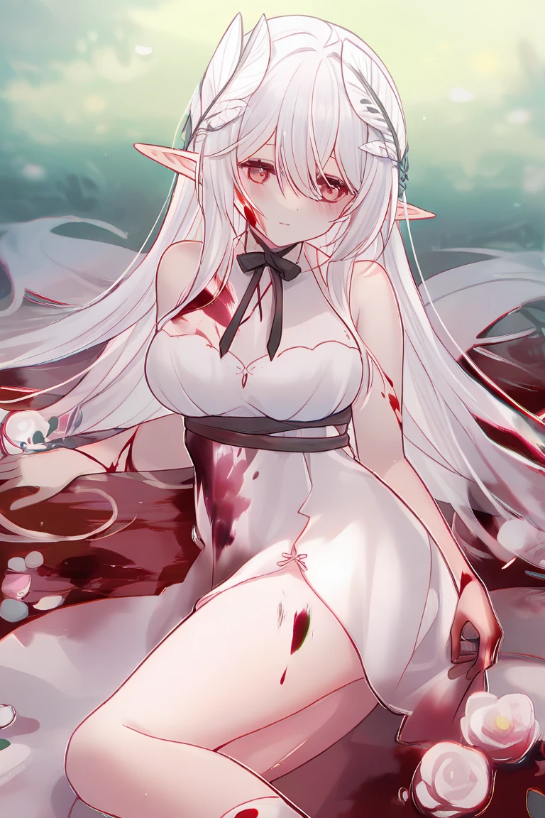 ((Best masterpiece, Perfect quality, Ultra detailed)), ((Grotesque, Fleshy, Bloody, Parasitism)), A skinny girl, With small breasts, With white hair, Wearing white bra, Wearing white panty, Without any other clothes, She was parasitized. Parasites parasitized her. Chrysalises are writhing inside her body. Scratched body, Teared skin, Bloody wounds, Decayed limbs, Parasites, Larvas, Maggots, Infection, Infesting, Surrendered
