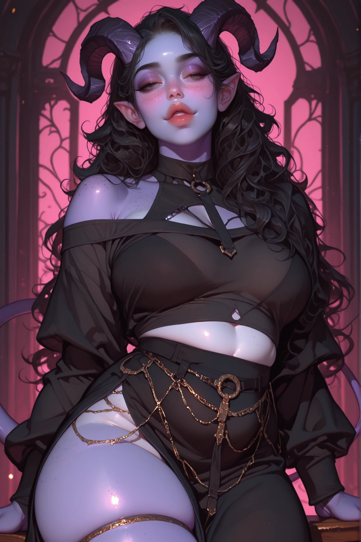 1woman, long wavy black hair, purple skin, black eyes, freckles, flushed face, full lips, curvy, busty, soft chubby belly, tiefling, short demon horns, demon tail, black off shoulder shirt, long skirt with thigh slit, belly chain, seductive expression,