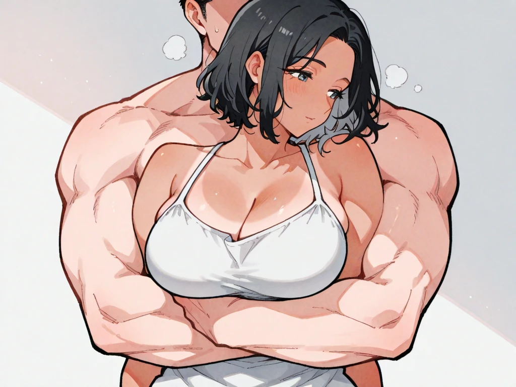 score_9, score_8_up, score_7_up, source_anime, BREAK, (((yew))), black hair, brown eyes,. ponytail, tank top, leggings, thick thighs, athletic build, cleavage, slightly muscular, femdom