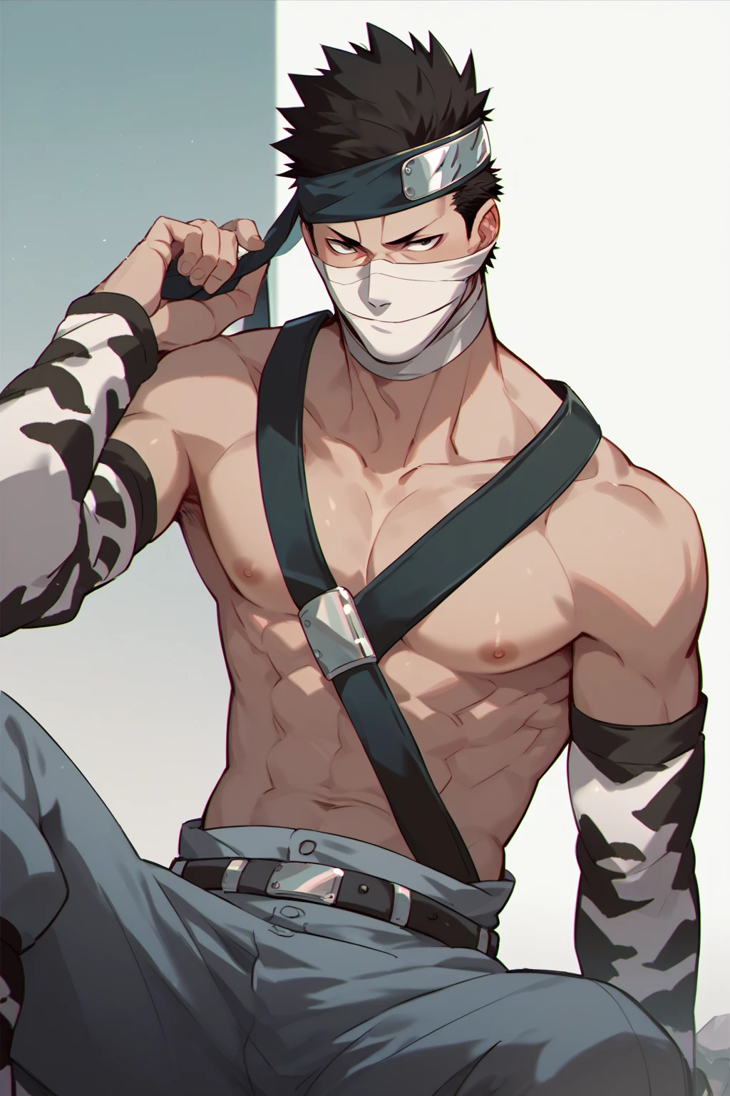 A man holding a unconscious sexy female use a ninja clothes and mask closed eyes