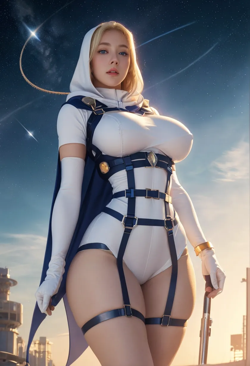 Masterpiece, perfect face, perfect legs, perfect body, perfect breasts, perfect hands, perfect fingers, slutty, very huge breasts, huge ass, shiny skin, Jedi, skimpy clothes, cameltoe, erect nipples, futuristic city, braided hair, robes, lightsaber