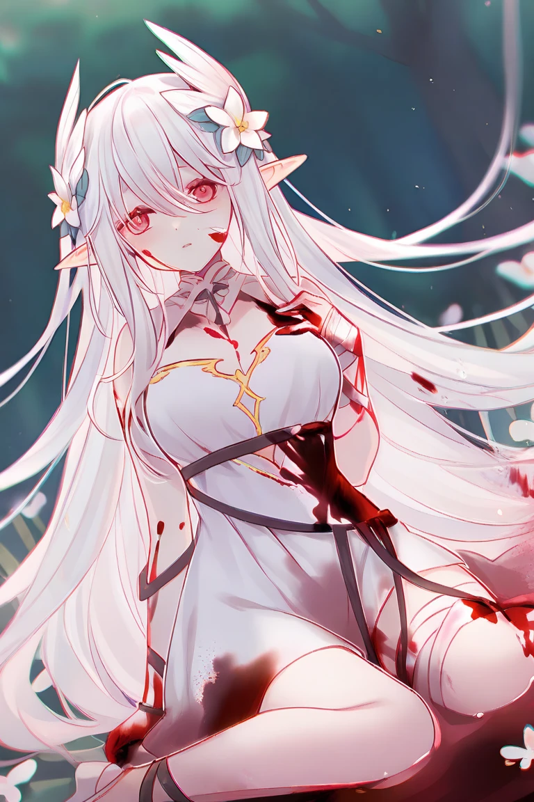 individual,masterpiece, Top quality, Very detailed, Unity 8K Wallpaper,Standing,Lean forward,yandere,yandere笑,flat chest,White long hair,Royal sister,White translucent lace nipple cover,Blood,Blood red thorns,Blood-colored pupils,Blood,nipple