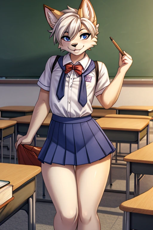 Naked, nude boobs, medium natural breasts, silver hair, cat ears, two bell clips, purple eyes, fluffy silver tail, open school shirt, blue wide skirt, black and white leggings, white sneakers, school class, near the blackboard