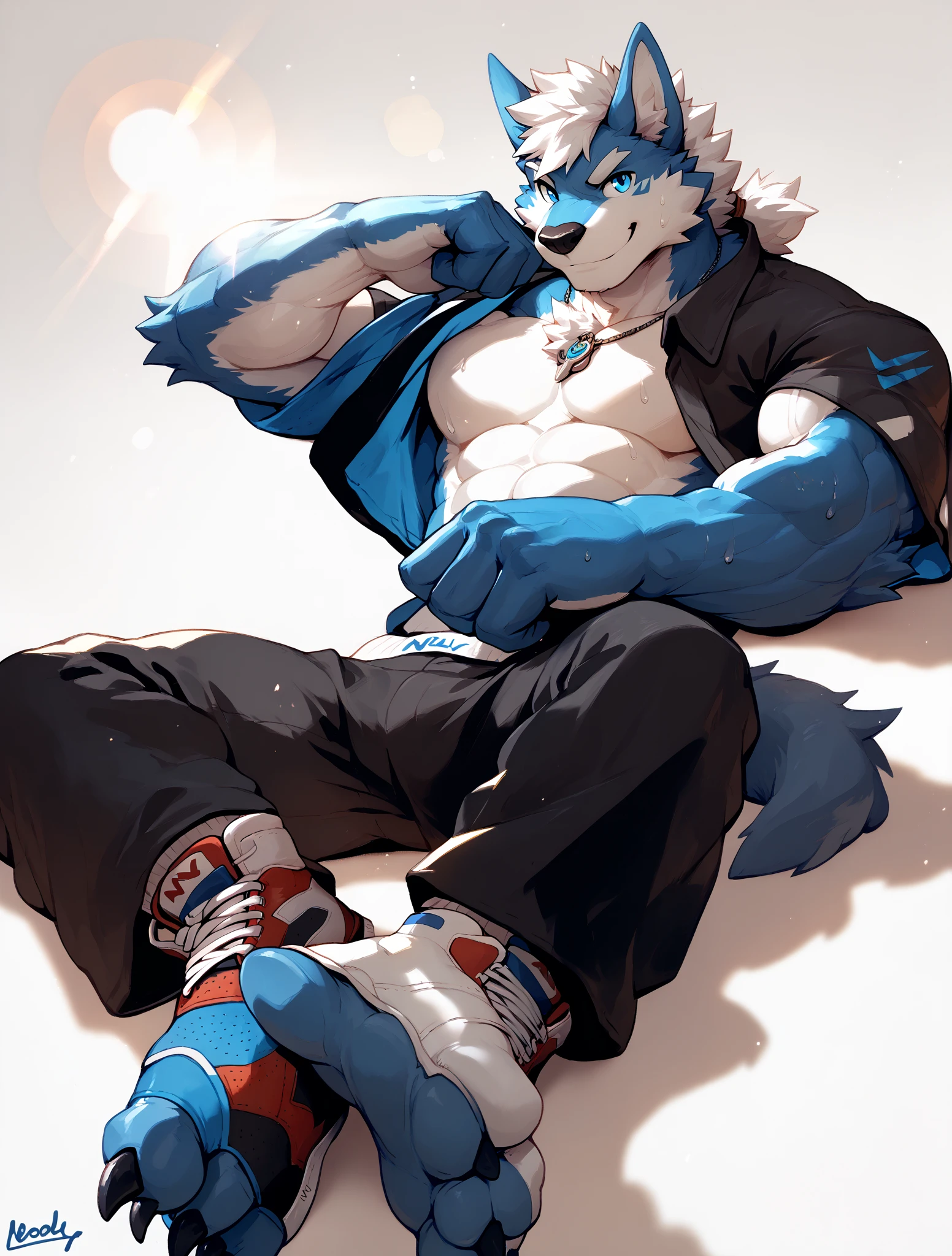 A slim adult male anthro dragon with furry body and sexy face and half body looking at the viewer. The furry cat has sports clothes with a red cap covering his eyes