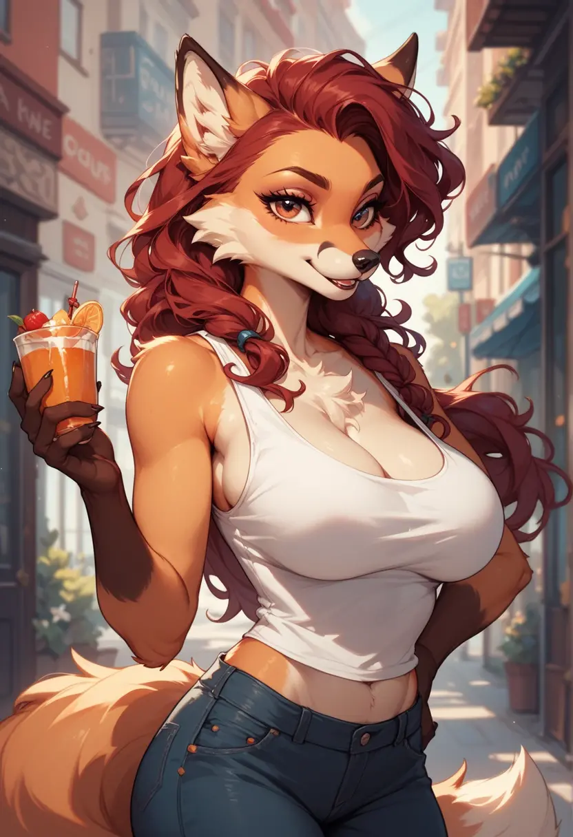 by darkgem, by duase, by BNG, by sligarthetiger, solo, 1girl, sergal, anthro, female, older woman, (round glasses:1.4), (white fur:1.3), (black hair:1.3), furry body, wide body, wide hips, thick thighs, big arms, (huge breasts:1.1), (heavy breasts:1.3), nipple outline, highly detailed eyes, milf, tank top, bare midriff, cleavage, large areolae, blue jeans, lowrise jeans, bare midriff, visible thong straps, Masterpiece, best quality, absurd res, highly detailed, cleanly drawn eyes, park environment, cute smile, standing upright, casual posture, buff, holding a smoothie