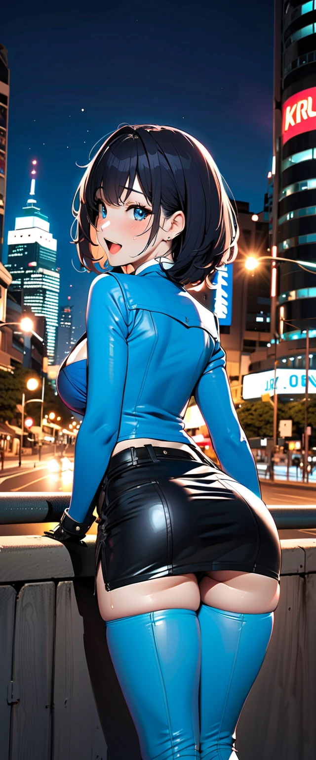 long black hair, colored skin, brown skin, blue eyes, solo, smiling, standing, upper body, hips, gigantic breasts, blue clothes, cleavage