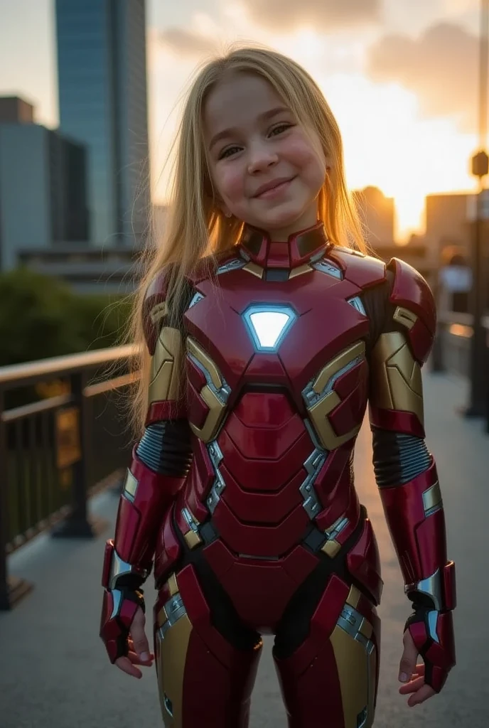 A five-year-old girl,Clear face,Iron Man costume,of a real,Avengers Building scene