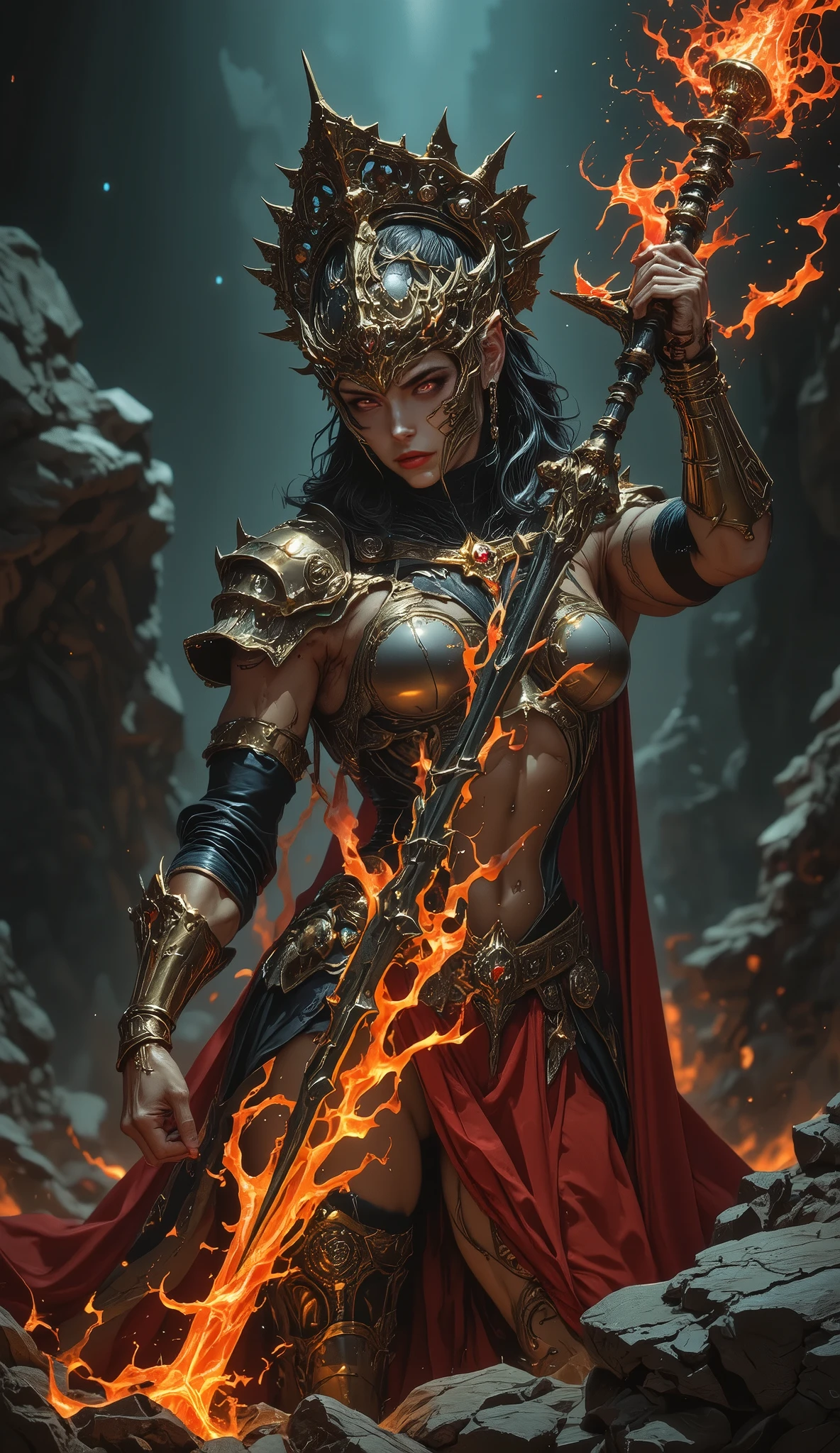 Digital art, (hyperdetailed), (Super detailed), UHD, 8k, full body shot.
Female goddess of war, spartan warrior look alike, dynamic fighting pose.
Harness armor, forearm and shin guards (golden). Open skin, muscular.
Crown-helmet, red eyes, evil eyes. Red cape.
Concept art massive Spear, surreal, the gear contains the powers of hell in the blade, glowing ornated blade.
Dramatic lighting , mystical , fantasy.