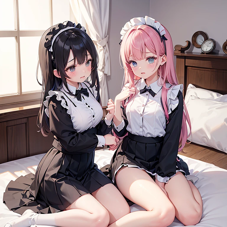 highest quality, masterpiece, ((2 girls:1.5)), ((smile:1.3)), (blush:1.3), Black Shirt, blouse, ((fun!!)), (Small breasts), Blonde, (Long sleeve), ((White apron:1.5)), ((Maid)), ((hair ornaments)), Kamimei, look at me, ((in house:1.5)), Taking a break from watching the audience, Cowboy Shot, (Skirt lift:1.3), (Highly detailed pink striped panties:1.3), (Highly detailed panties:1.3), (スカート that rolls up:1.3), (Panties fully exposed:1.5), Light blue eyes, long hair, Glowing Eyes