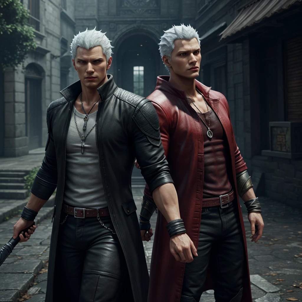 dante do devil may cry, homem forte, cabelos brancos, cabelos lisos e curtos, olhos azuis, symmetrical face, foto de corpo inteiro, espada nas costas, usando sobretudo vermelho aberto, botas militares, ripped jeans, sorrindo, boca fechada, queixo definido, pouca barba branca, 4k, Upscale, (face hiperdetalhada)++, ((Absurdo)), (Obra-prima 1.5), (incrivelmente detalhado), (((corpo inteiro))), alta qualidade